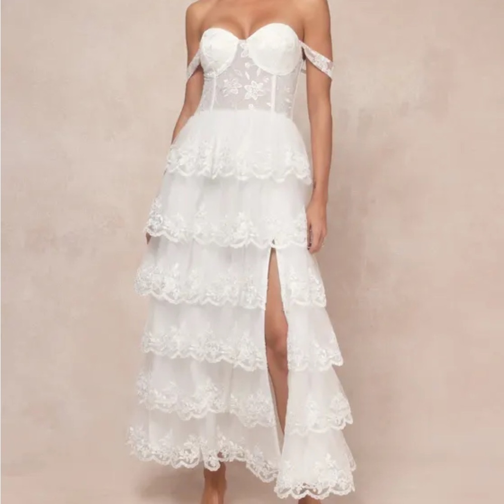 Lulus White Luxe Beauty White Embroidered Tiered Off The Shoulder Dress